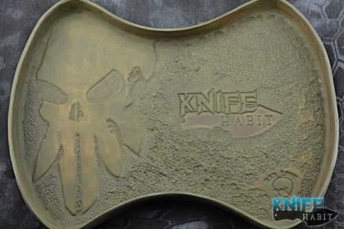 custom leather travis poole tray, od green knife habit skull