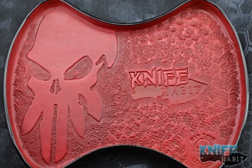 custom leather travis poole tray, red knife habit skull