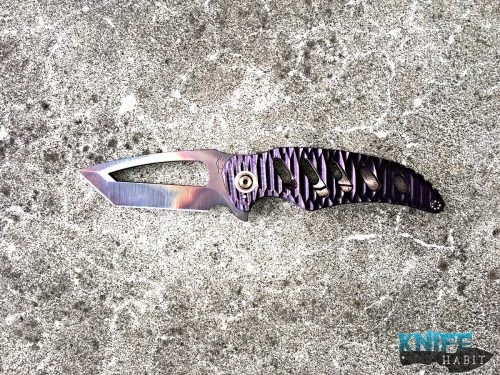 custom scorpion 6 mektig v2 knife, loki flamed blade, purple handle custom knife