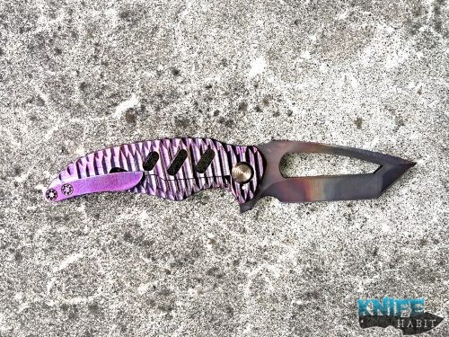 custom scorpion 6 mektig v2 knife, loki flamed blade, purple handle custom knife